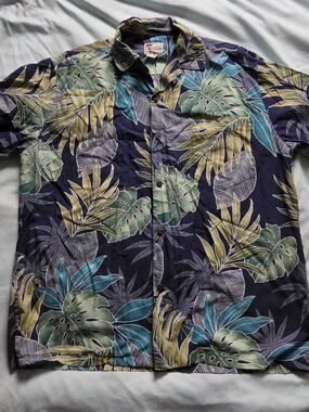 Aloha / HAWAIIAN Shirt Men's Tropical Leaf Print Short-Sleeve Shirt M Cotton